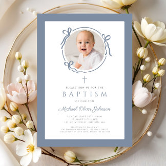 Convite Elegant Dusty Blue Bow Photo Baptism
