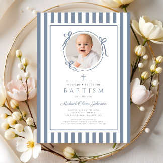 Convite Elegant Dusty Blue Bow Photo Boy Baptism