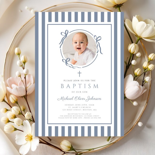 Convite Elegant Dusty Blue Bow Photo Boy Baptism (Elegant Dusty Blue Bow Photo Boy Baptism Invitation)