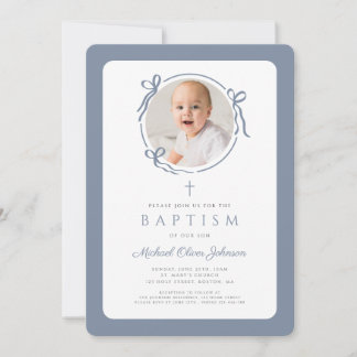 Convite Elegant Dusty Blue Bow Photo Boy Baptism
