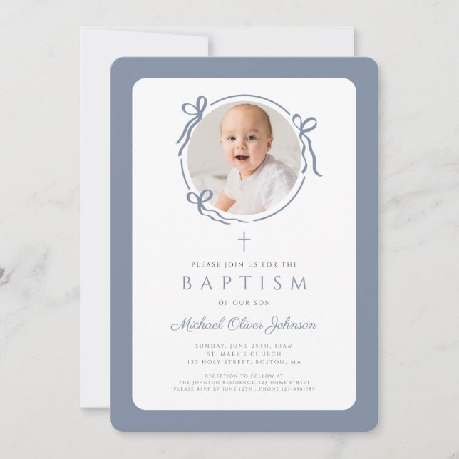 Convite Elegant Dusty Blue Bow Photo Boy Baptism (Frente)