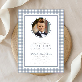 Convite Elegant Dusty Blue Bow Photo Boy First Communion