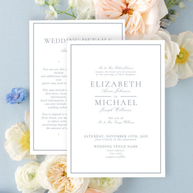 Convite Elegant Dusty Blue Classic Script Details Wedding (Criador carregado)