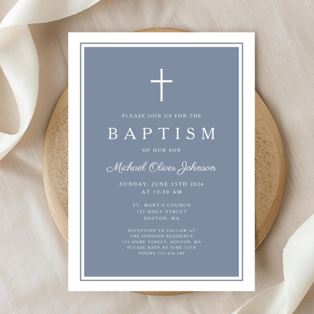 Convite Elegant Dusty Blue Cross Baby Boy Baptism (Elegant Dusty Blue Cross Baby Boy Baptism Invitation)