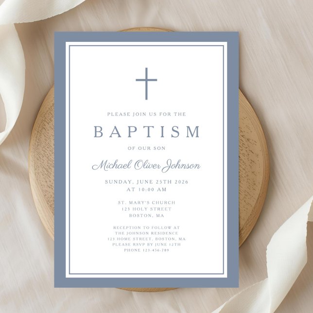 Convite Elegant Dusty Blue Cross Baby Boy Baptism (Elegant Dusty Blue Cross Baby Boy Baptism Invitation)