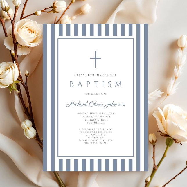 Convite Elegant Dusty Blue Cross Boy Baptism (Elegant Dusty Blue Cross Boy Baptism Invitation)