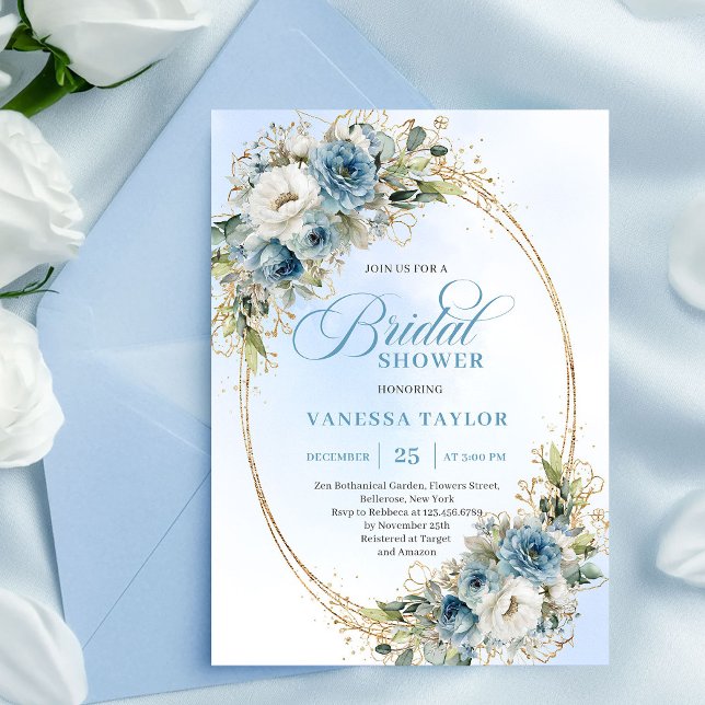 Convite Elegant Dusty Blue Eucalyptus Gold Bridal Shower  (Elegant Dusty Blue Eucalyptus Gold Bridal Shower Invite)
