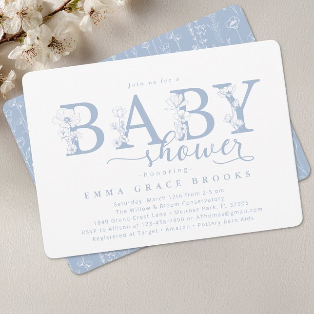 Convite Elegant Dusty Blue Floral Baby Shower Typography (Dusty Blue Baby Shower Invite)