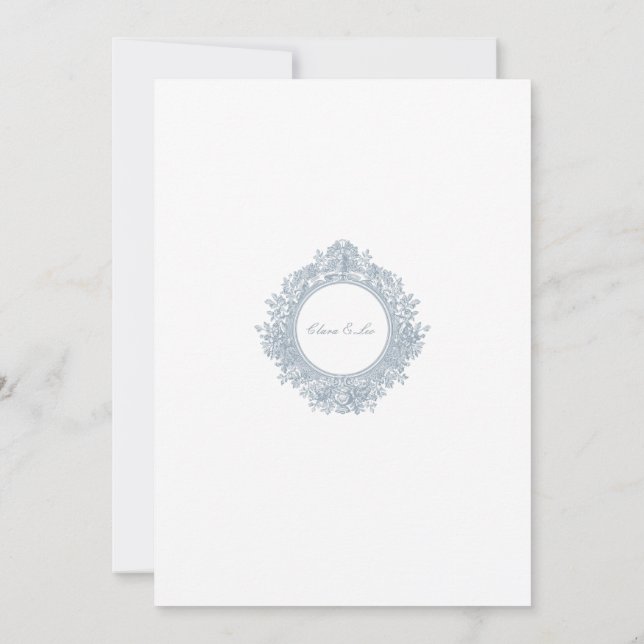 Convite Elegant Dusty Blue Floral Border Wedding Invitatio (Verso)
