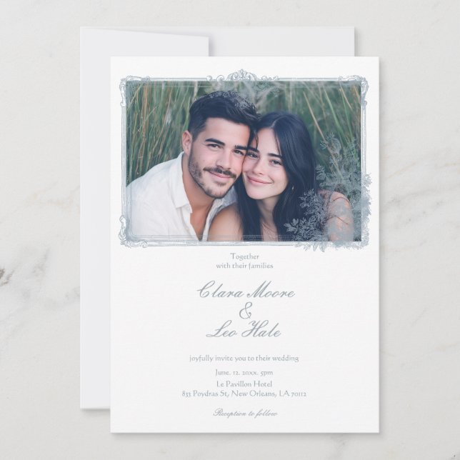 Convite Elegant Dusty Blue Floral Border Wedding Photo (Frente)