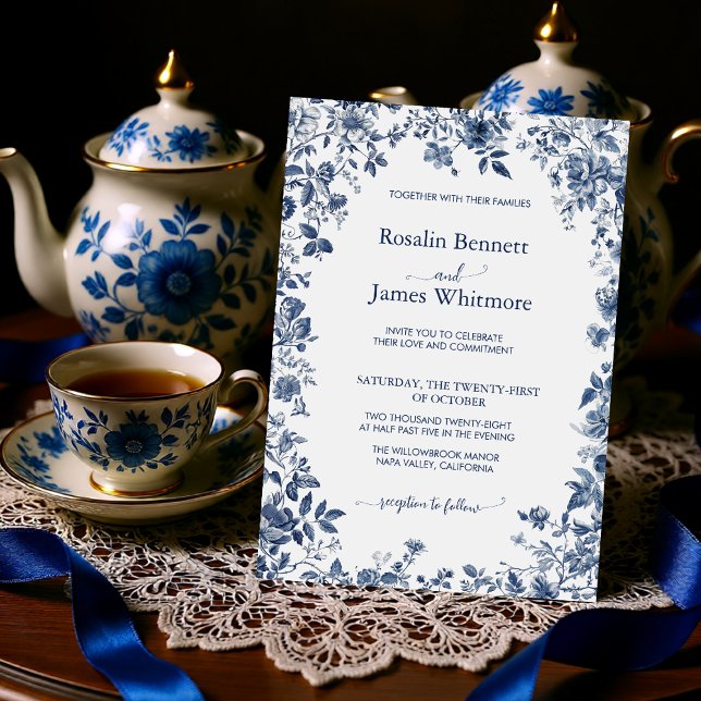 Convite Elegant Dusty Blue Floral Chinoiserie Classic (Elegant Dusty Blue Floral Chinoiserie Classic Invitation)
