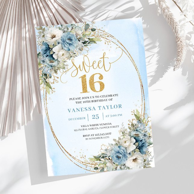 Convite Elegant Dusty Blue Floral Eucalyptus Sweet Sixteen (Elegant Dusty Blue Floral Eucalyptus Sweet Sixteen Invite)