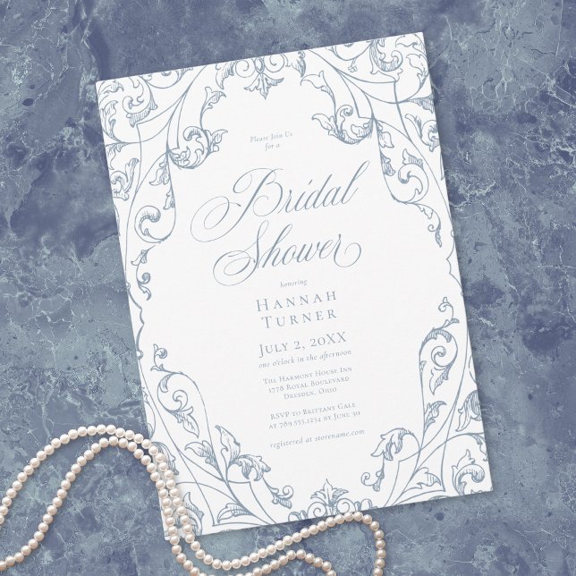 Convite Elegant Dusty Blue Floral Frame Bridal Shower (Elegant Dusty Blue Floral Frame Bridal Shower Invitation)