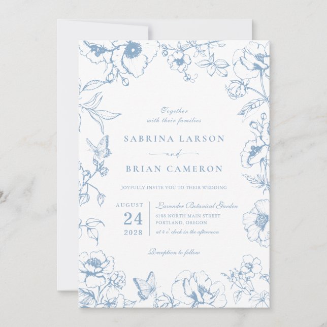 Convite Elegant Dusty Blue Floral Garden QR Code Wedding (Frente)