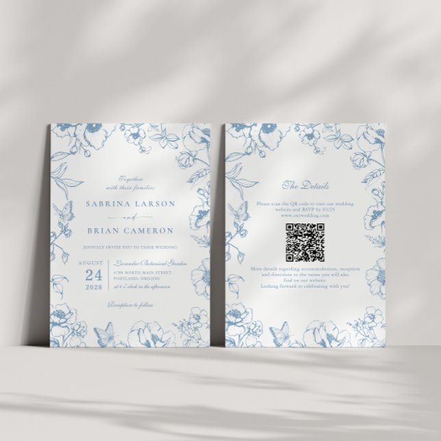 Convite Elegant Dusty Blue Floral Garden QR Code Wedding (Criador carregado)