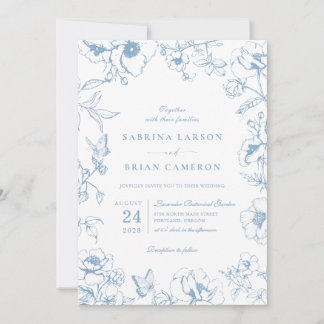 Convite Elegant Dusty Blue Floral Garden Wedding Photo
