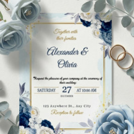 Convite Elegant Dusty Blue Floral Gold Frame Wedding