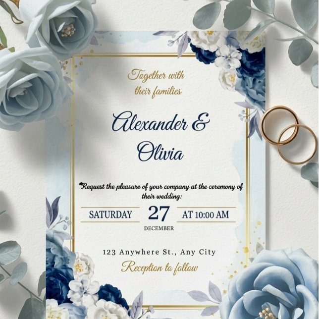Convite Elegant Dusty Blue Floral Gold Frame Wedding  (Criador carregado)