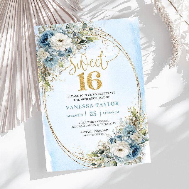 Convite Elegant Dusty Blue Floral Gold Sweet Sixteen 16th (Elegant Dusty Blue Floral Gold Sweet Sixteen Invitation)