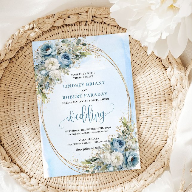 Convite Elegant Dusty Blue Floral Gold Wedding Invitation (Elegant Dusty Blue Floral Gold Wedding Invitation)
