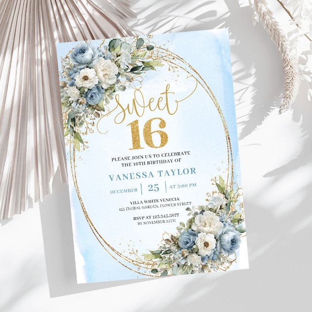 Convite Elegant Dusty Blue Floral Greenery Sweet Sixteen  (Elegant Dusty Blue Floral Greenery Sweet Sixteen Invite)