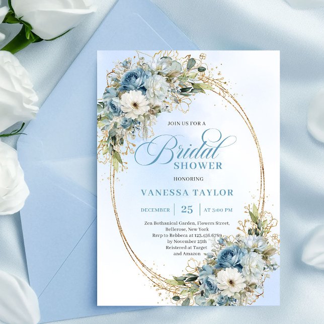 Convite Elegant Dusty Blue Floral Script Bridal Shower   (Elegant Dusty Blue Floral Script Bridal Shower Invitation)