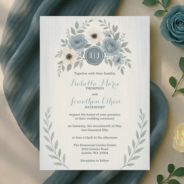 Convite Elegant Dusty Blue Floral Wax Seal Wedding (Elegant Dusty Blue Floral Wax Seal Wedding Invitation
)