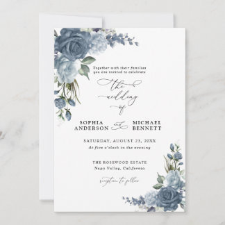 Convite Elegant Dusty Blue Floral Wedding Invitation