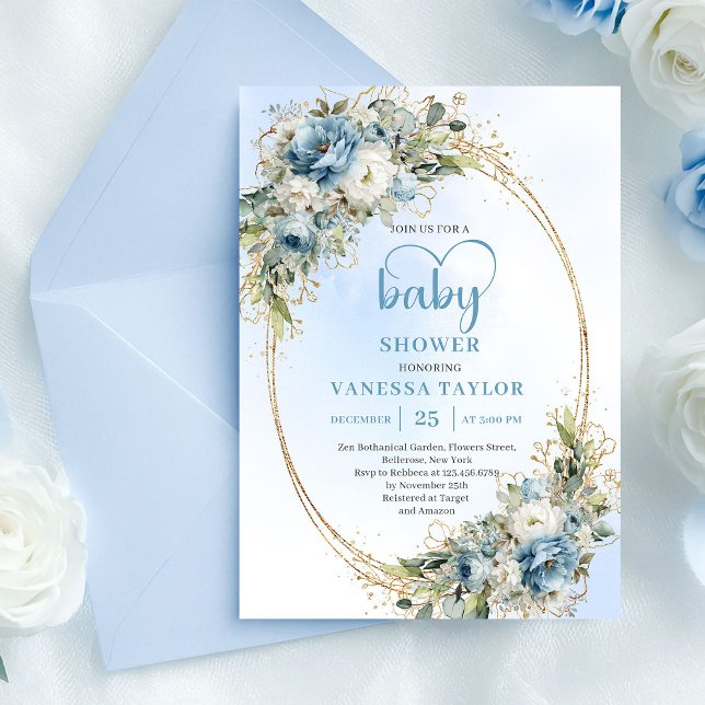 Convite Elegant Dusty Blue Flowers Gold Baby Shower Invite (Elegant Dusty Blue Flowers Gold Baby Shower Invite

)