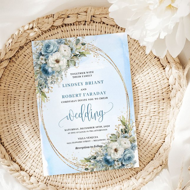 Convite Elegant Dusty Blue Flowers Gold Wedding Invite (Elegant Dusty Blue Flowers Gold Wedding Invite)