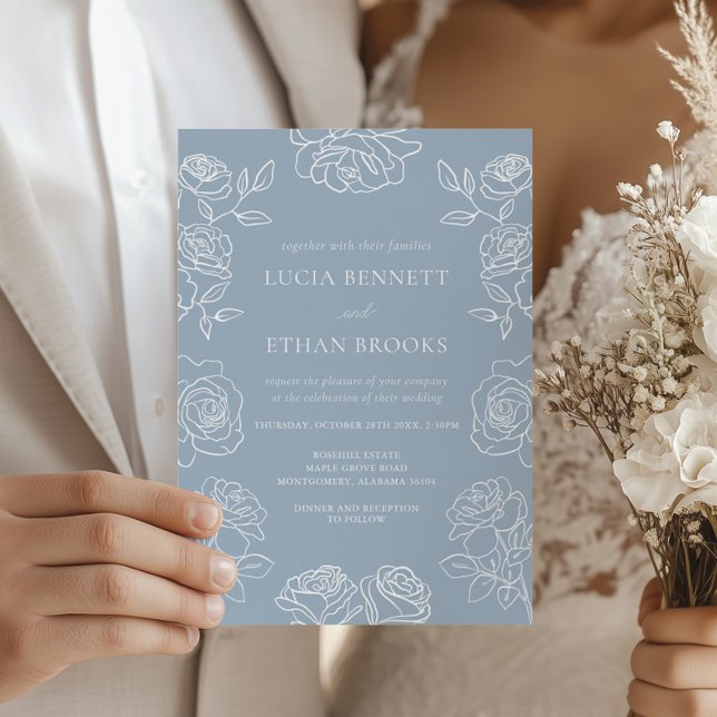 Convite Elegant Dusty Blue French Roses Wedding (Criador carregado)