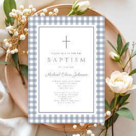 Convite Elegant Dusty Blue Gingham Boy Baptism