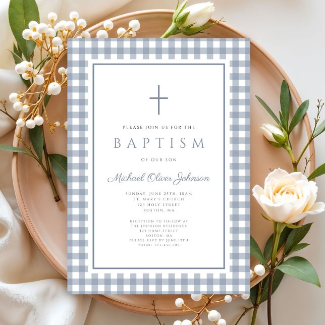 Convite Elegant Dusty Blue Gingham Boy Baptism (Elegant Dusty Blue Gingham Boy Baptism Invitation)