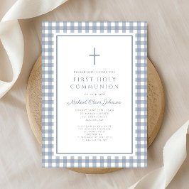 Convite Elegant Dusty Blue Gingham Boy First Communion