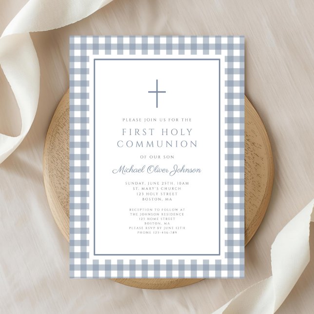 Convite Elegant Dusty Blue Gingham Boy First Communion (Elegant Dusty Blue Gingham Boy First Communion Invitation)
