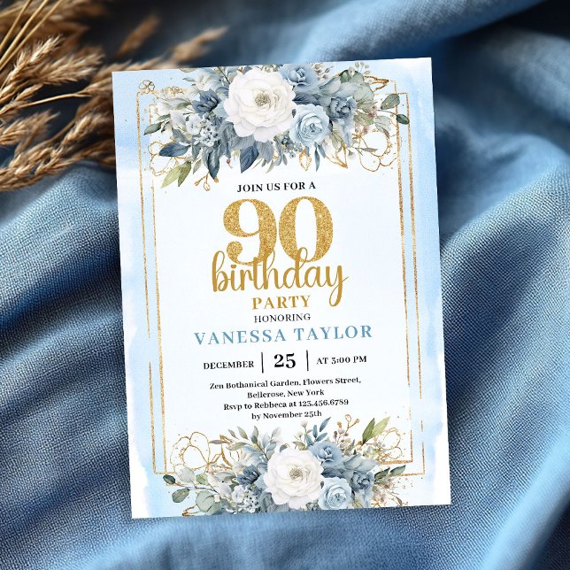 Convite Elegant Dusty Blue Gold 90th Birthday Party Invite (Elegant Dusty Blue Gold 90th Birthday Party Invite)