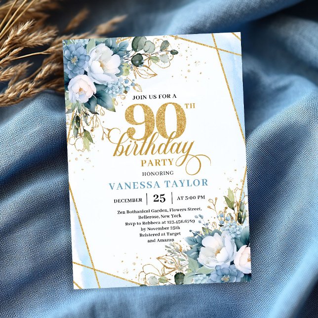 Convite Elegant dusty blue gold frame 90th birthday invite (Elegant dusty blue gold frame 90th birthday invitation)