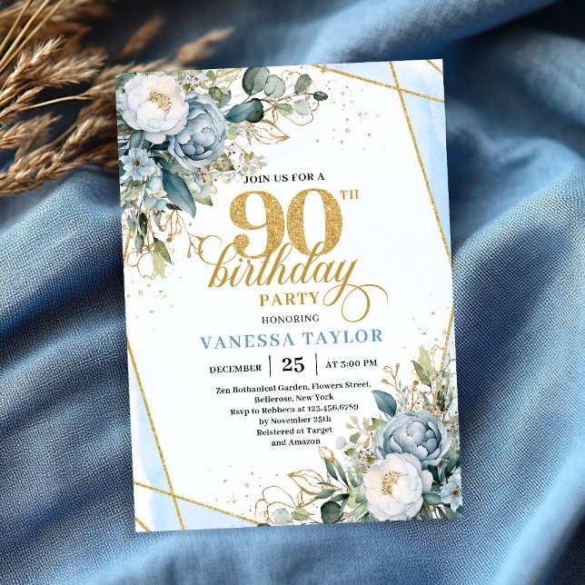 Convite Elegant dusty blue gold frame floral 90th birthday (Elegant dusty blue gold frame floral 90th birthday invite)