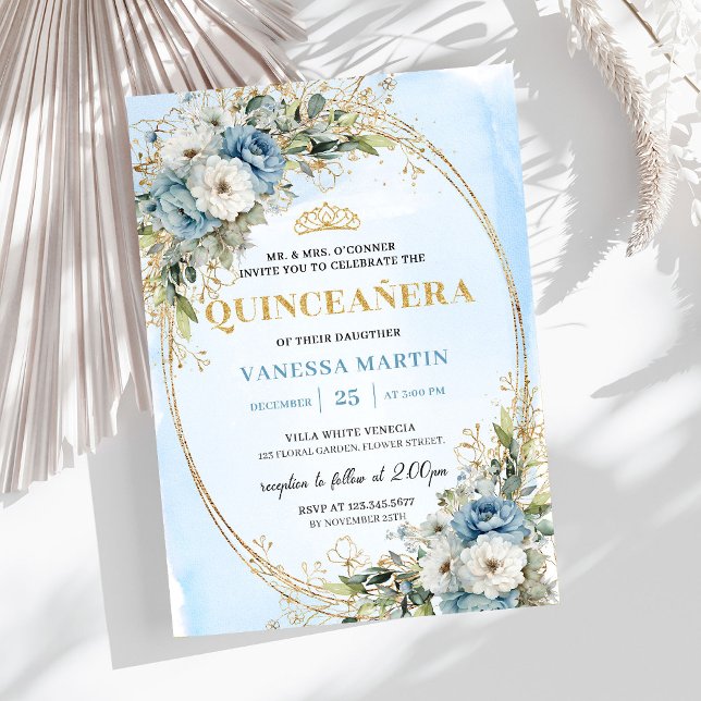 Convite Elegant Dusty Blue Gold Greenery Quinceañera  (Elegant Dusty Blue Gold Greenery Quinceañera Invite)