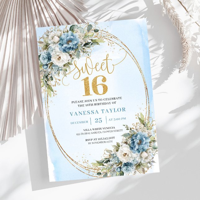 Convite Elegant Dusty Blue Greenery Sweet 16th Birthday  (Elegant Dusty Blue Greenery Sweet 16th Birthday Invite)