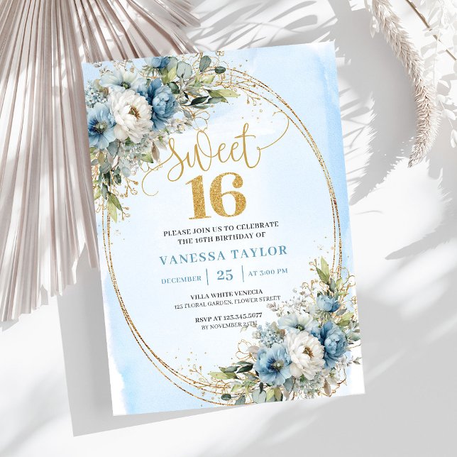 Convite Elegant Dusty Blue Greenery Sweet 16th Birthday  (Elegant Dusty Blue Greenery Sweet 16th Birthday Invite)