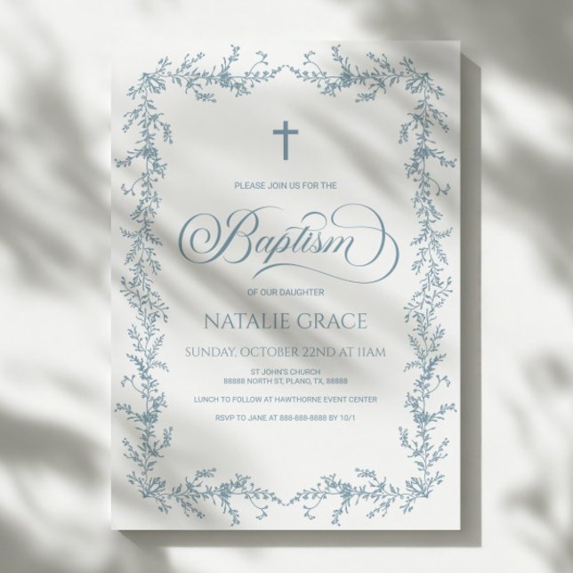 Convite Elegant Dusty Blue Hand Drawn Floral Frame Baptism (Criador carregado)