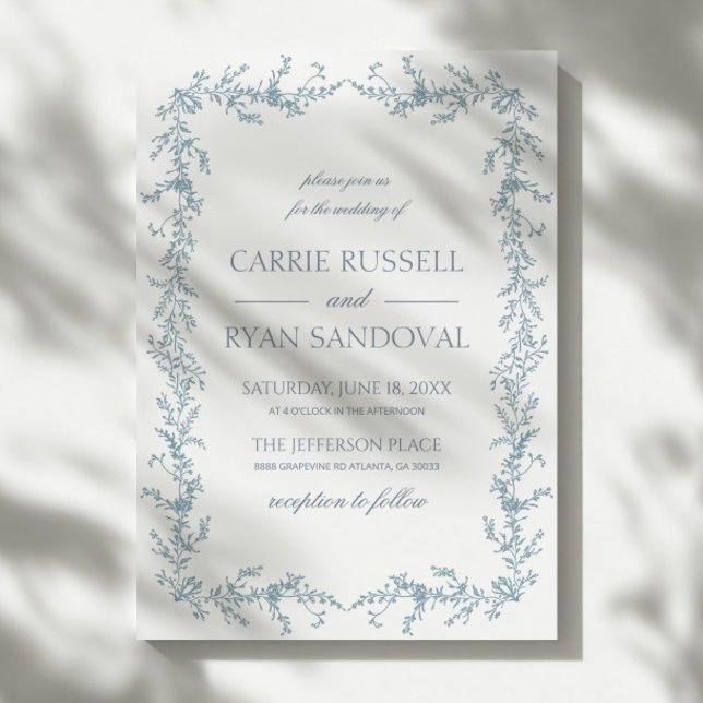 Convite Elegant Dusty Blue Hand Drawn Floral Frame Wedding (Criador carregado)