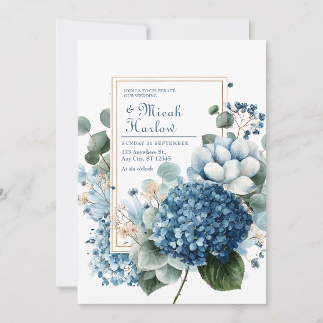 Convite Elegant Dusty Blue Hydrangea Eucalyptus Gold Frame (Frente)