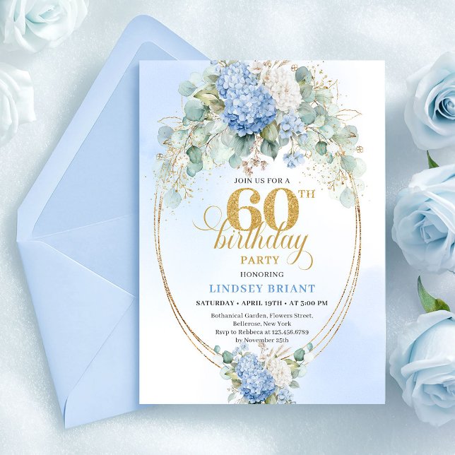 Convite Elegant Dusty Blue Hydrangeas 60th Invitation (Blue hydrangea 60th birthday invitation,
unique digital printable download template,
Watercolor Soft)