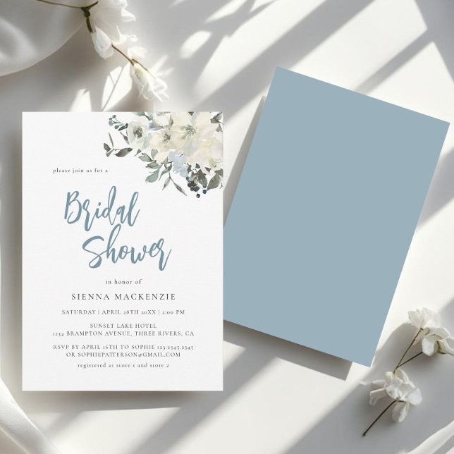 Convite Elegant Dusty Blue Ivory Floral Bridal Shower (Criador carregado)