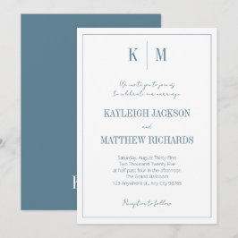 Convite Elegant Dusty Blue Monogram Wedding