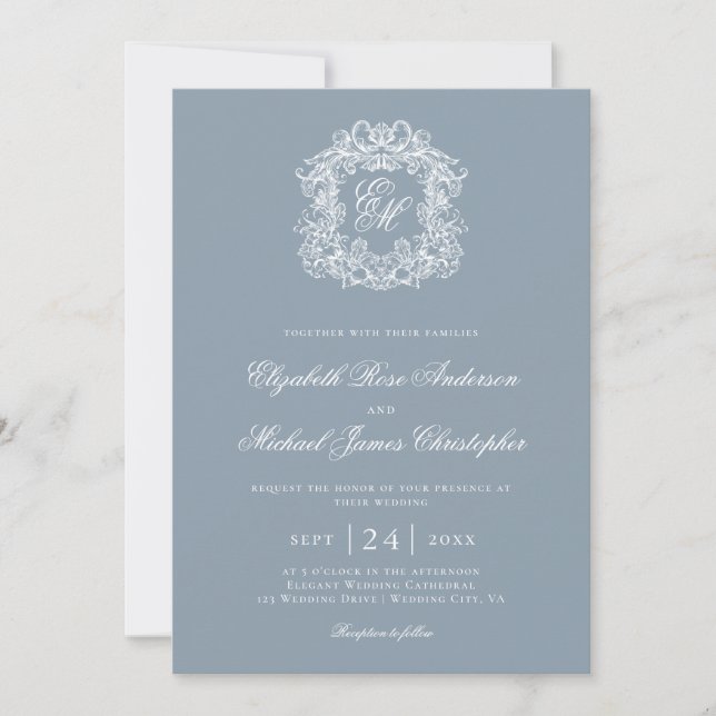 Convite Elegant Dusty Blue Monogram Wedding Crest (Frente)