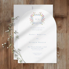 Convite Elegant Dusty Blue Pastel Wildflower Crest Wedding