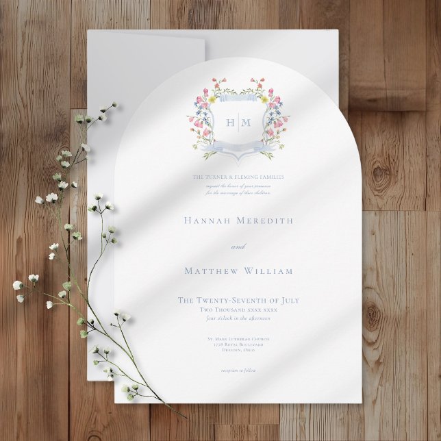 Convite Elegant Dusty Blue Pastel Wildflower Crest Wedding (Criador carregado)